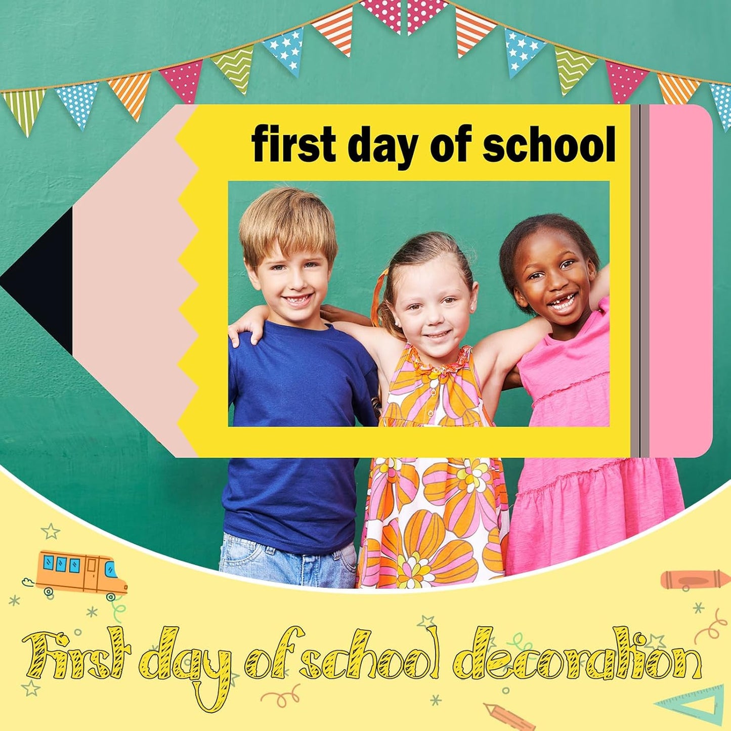 Aurelema 35 x 16 Inch First Day of School Back to School Party Photo Booth Prop Selfie Frame KT Board Pencil Shape Picture Frame Prop Welcome Party Supplies for Students Teacher Classroom
