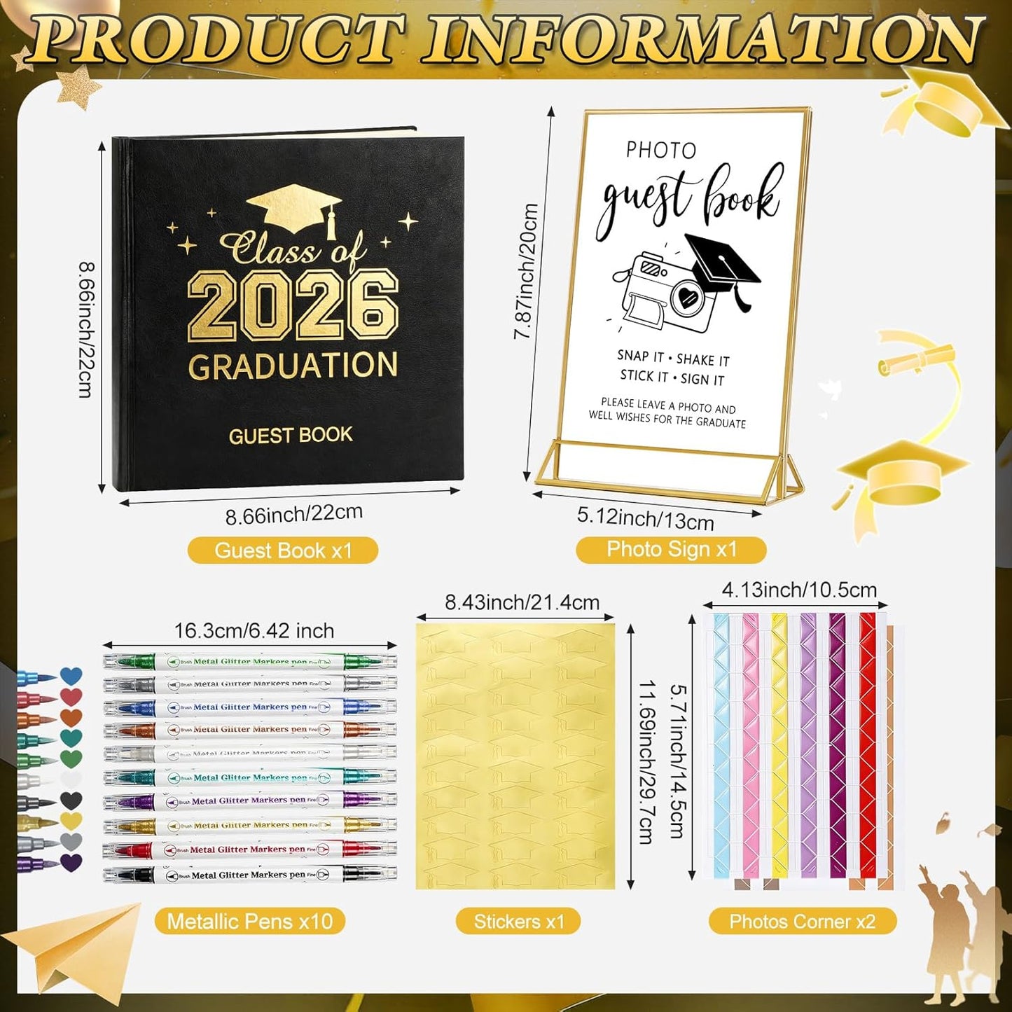 Pajean Graduation Guest Book Set Class of 2026 Memory Scrapbook with Photo Guest Book Sign Dual Tip Pens Photo Corner Stickers Grad Cap Stickers for Grad Party Decorations Supplies Gifts (Black)