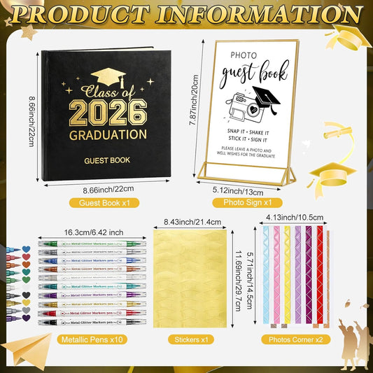 Pajean Graduation Guest Book Set Class of 2026 Memory Scrapbook with Photo Guest Book Sign Dual Tip Pens Photo Corner Stickers Grad Cap Stickers for Grad Party Decorations Supplies Gifts (Black)