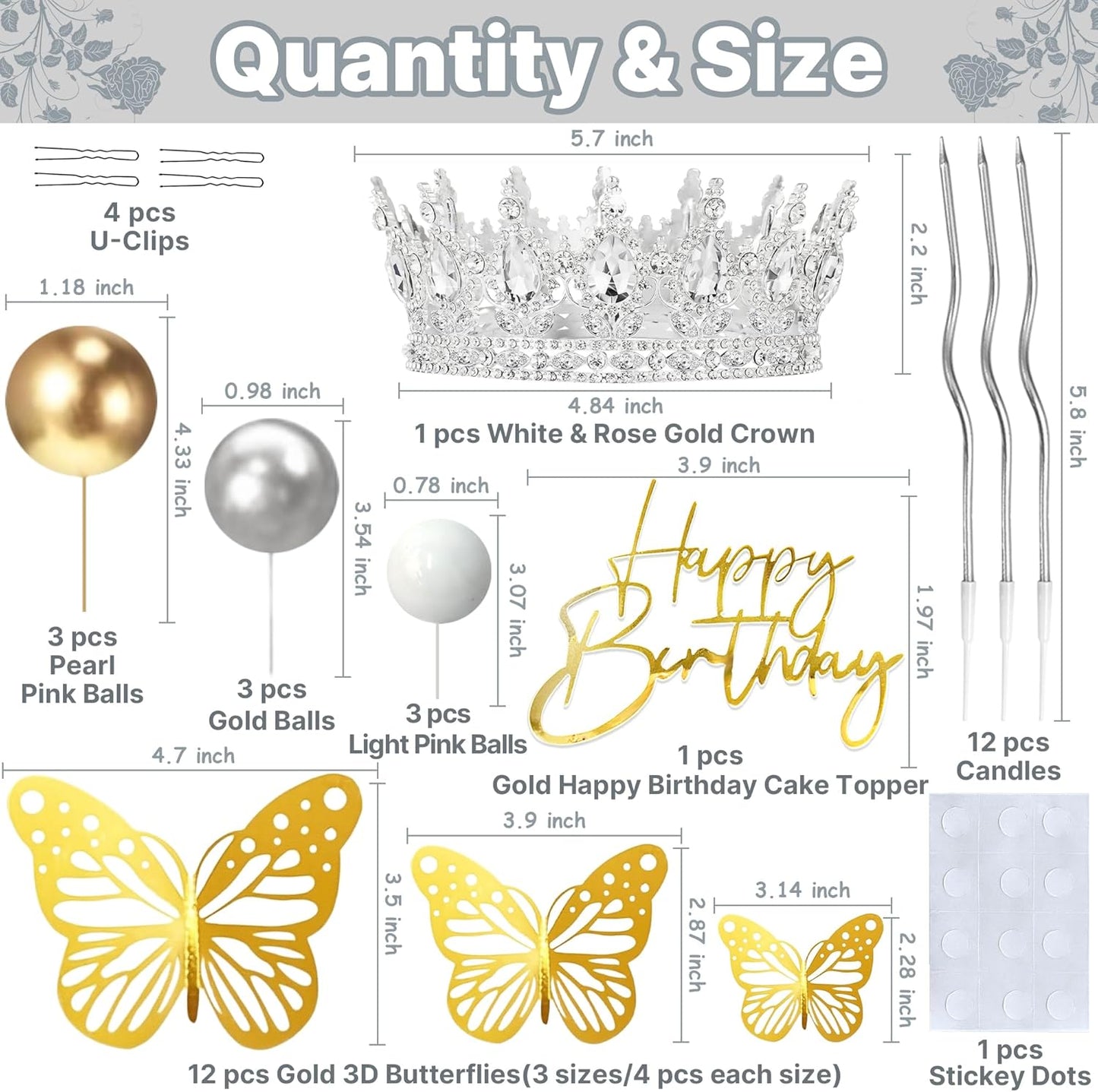 Crown Cake Topper, Balls Happy Birthday Cake Topper Pink Crown Birthday Candles Gold Butterflies, Corona Para Pastel, Cake Decorations for Birthday Wedding (Gold, Pink)