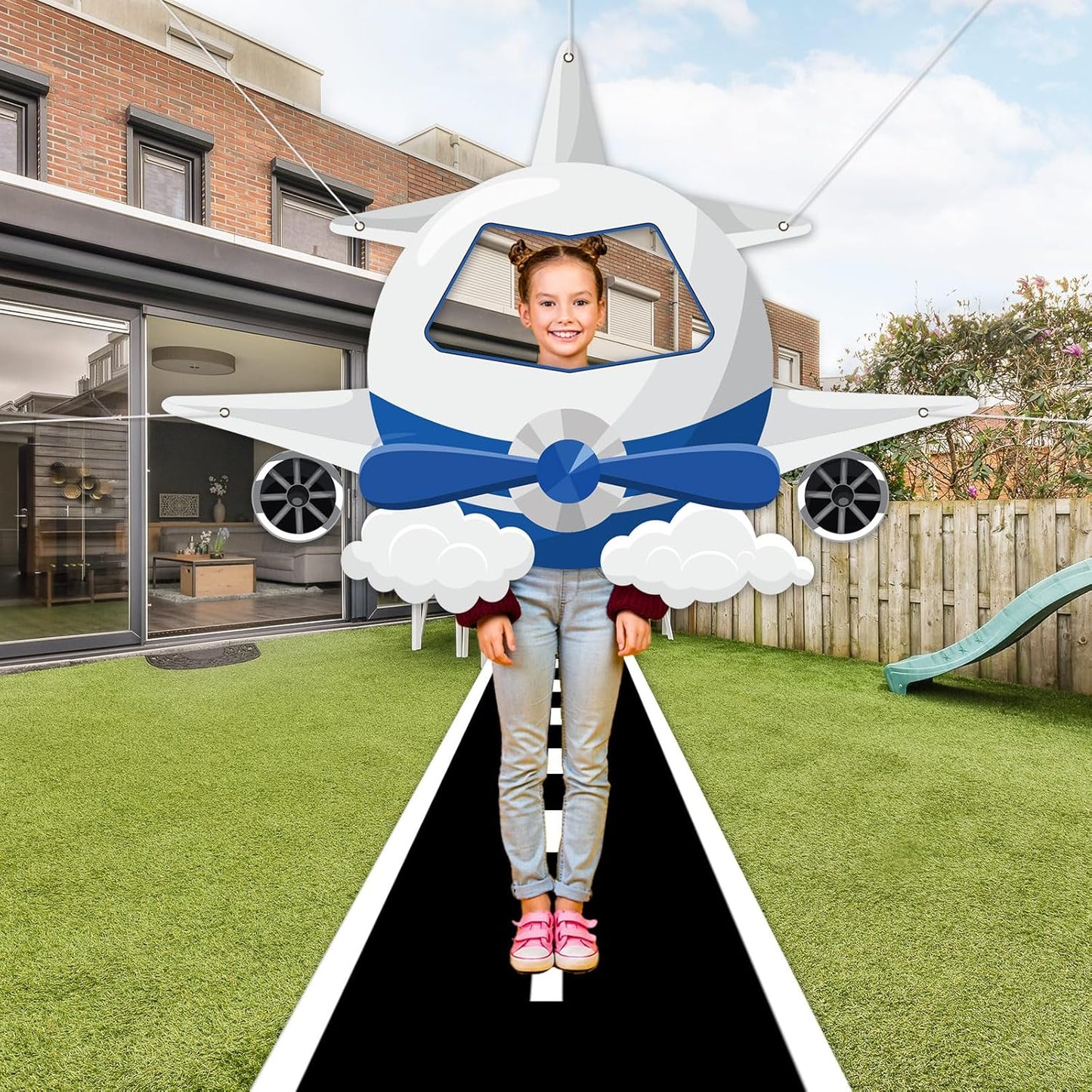Airplane Shaped Photo Prop Selfie Frame Airplane Birthday Decoration Fabric Aircraft Backdrop Banner with Long Racetrack Floor Mat Plane Themed Background for Kids Baby Shower Birthday Party Supplies