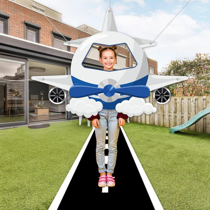 Airplane Shaped Photo Prop Selfie Frame Airplane Birthday Decoration Fabric Aircraft Backdrop Banner with Long Racetrack Floor Mat Plane Themed Background for Kids Baby Shower Birthday Party Supplies