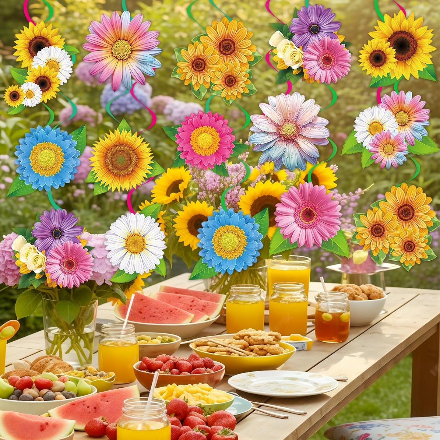 40Pcs Spring Summer Hanging Swirl Decorations, Flowers Sunflower Ceiling Hanging Swirls Floral Swirls Streamers for Spring Summer Mother's Day Baby Shower Birthday Wedding Party Decor