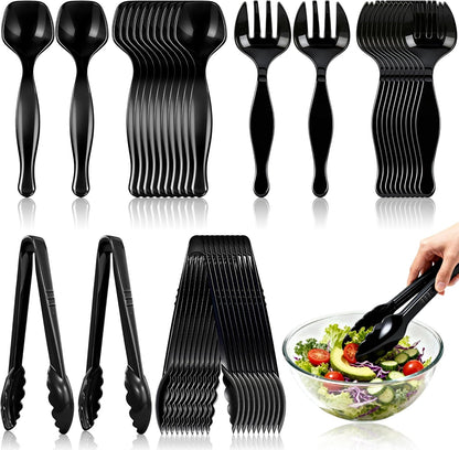 36Pcs Disposable Plastic Serving Utensils Set, 12 Black Spoons, 12 Forks, 12 Tongs, 9-Inch for Party Buffet Catering Events, Heavy Duty and Ergonomic Design