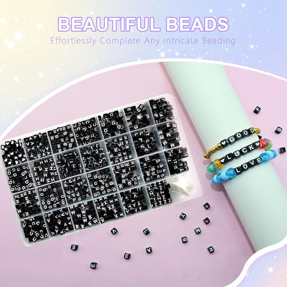 Amaney 1400pcs Glow Letter Beads, Heart Beads Whit Elastic Beading Cord,4x7mm Round Acrylic Alphabet Beads for Friend Bracelet Jewelry Making