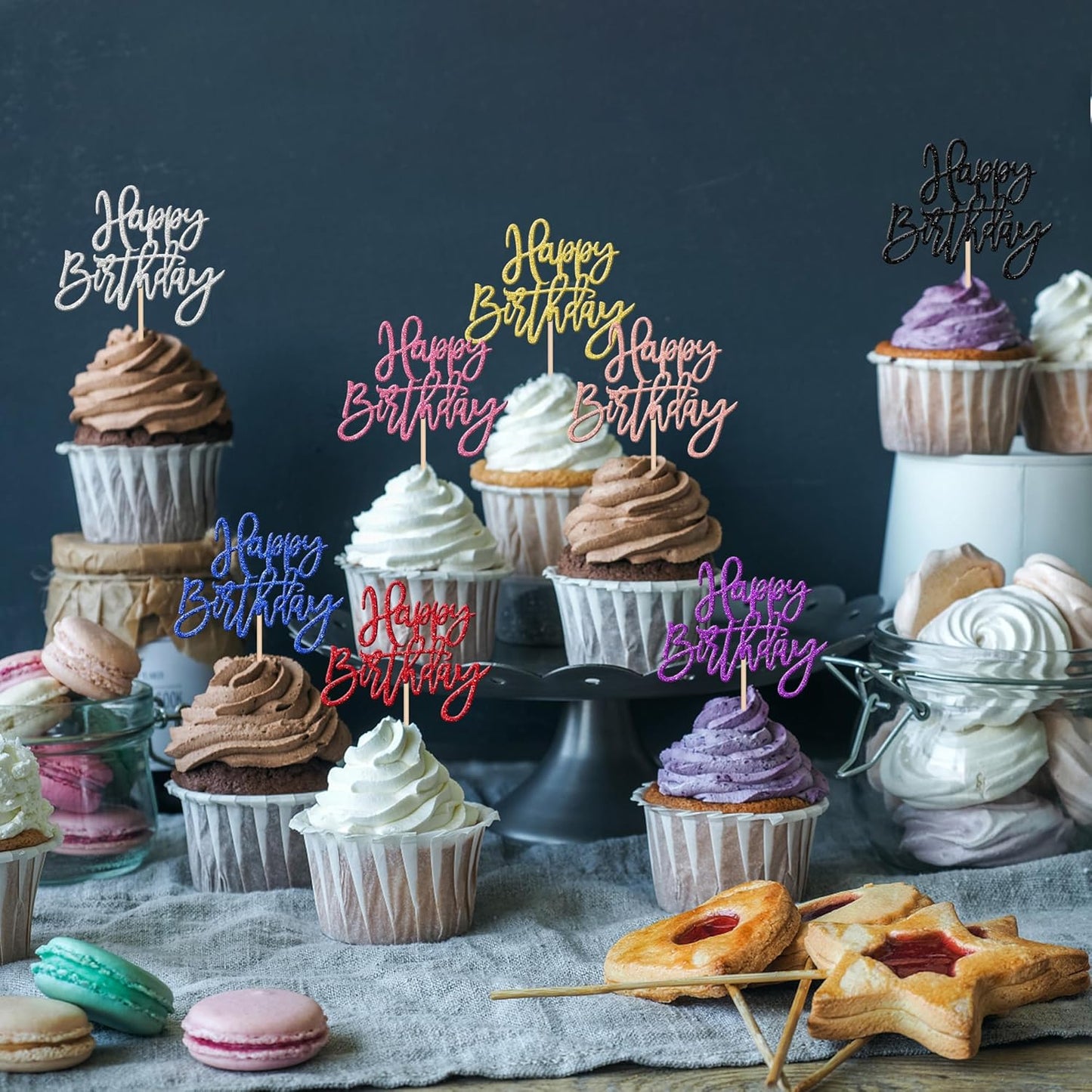 24 PCS Happy Birthday Cupcake Toppers Glitter Picks for Celebrating Anniversary Theme Party Cake Decorations Supplies Gold