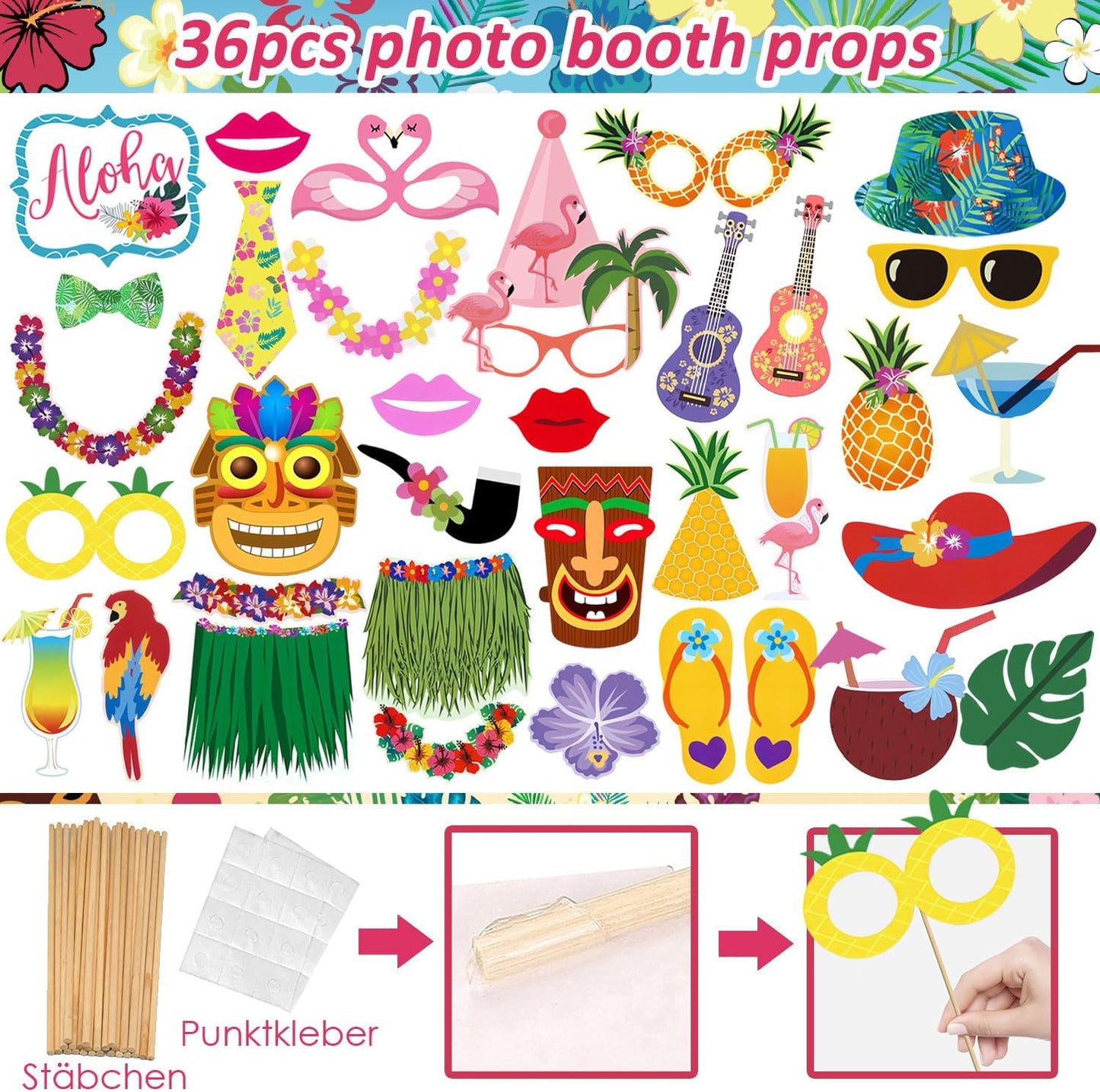 37Pcs Aloha Luau Party Inflatable Selfie Photo Frame & Photo Booth Props Set Hawaiian Party Selfie Props for Pictures and Decorations Summer Tropical Flamingo Tiki Birthday Party Supplies