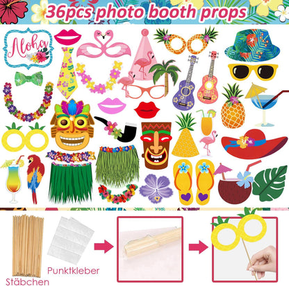 37Pcs Aloha Luau Party Inflatable Selfie Photo Frame & Photo Booth Props Set Hawaiian Party Selfie Props for Pictures and Decorations Summer Tropical Flamingo Tiki Birthday Party Supplies