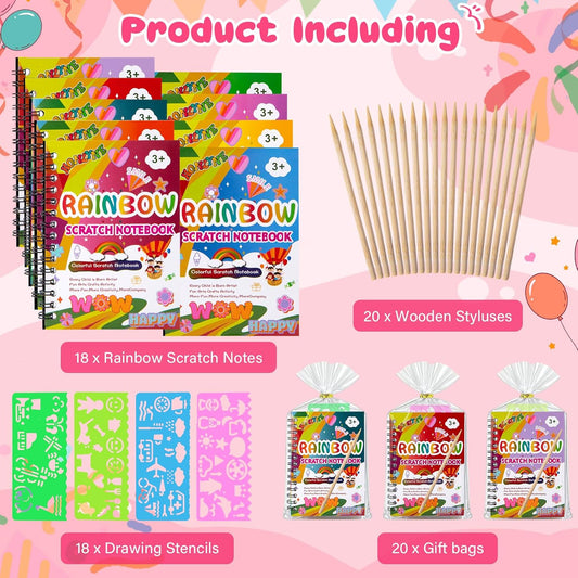 HONLYNE Scratch Art Crafts Party Favors, 18 Pack Rainbow Notebooks, Coloring Books Supplies Toys, Easter Basket Stuffers, Birthday Party Favors for Kids, Bulk Classroom Prizes for Toddlers