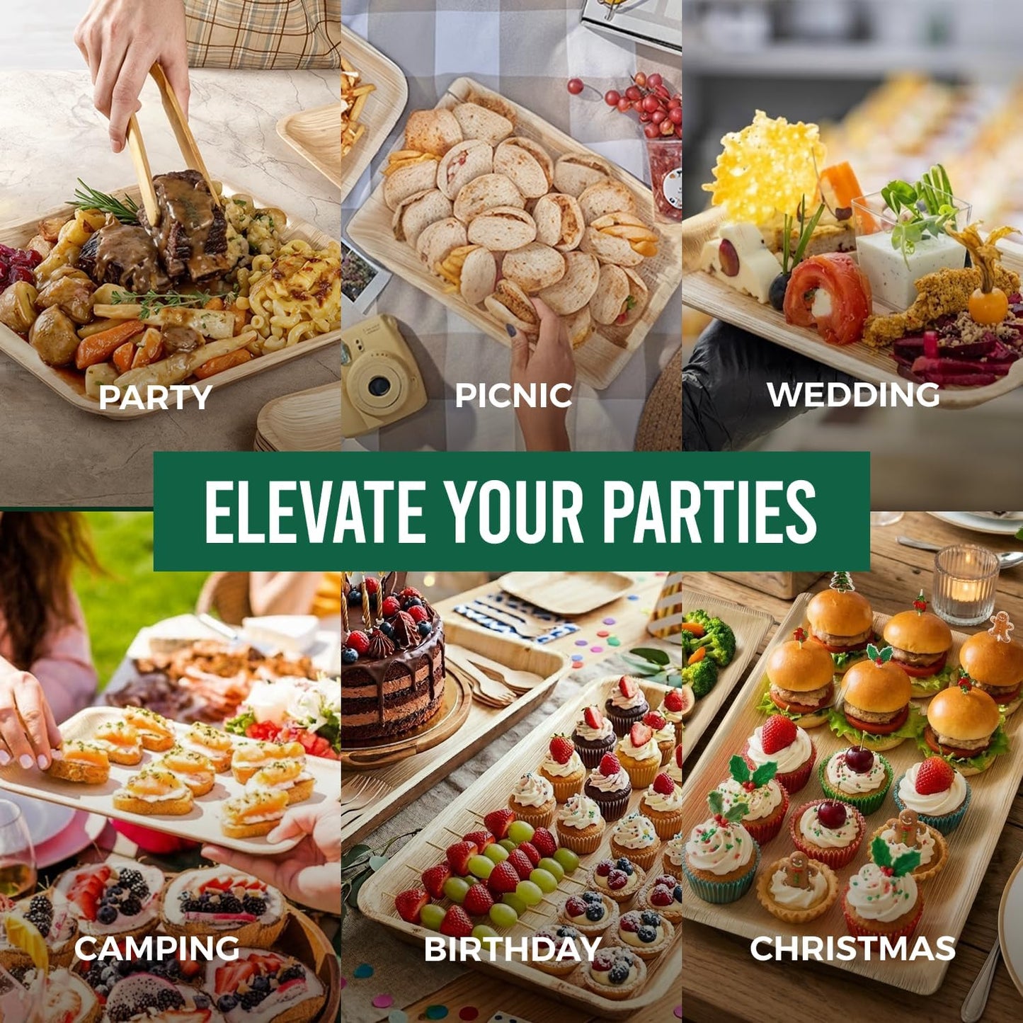 Palm Leaf Trays Disposable Bamboo Like Serving Platters 14" x 10" - Heavy Duty Charcuterie Boards Eco-Friendly Dinnerware for Parties, Weddings, Catering, Events (10 Pack)