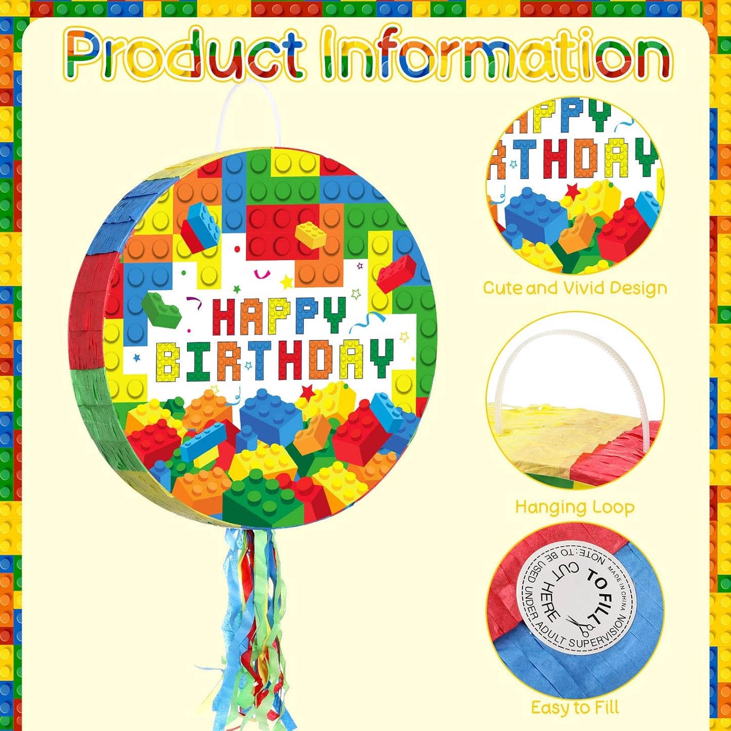 Jexine Birthday Block Piñata Set Birthday Building Piñata with Blindfold, Bat, Stick Blocks Party Supplies for Carnival Fiesta Party Supplies Event Decoration