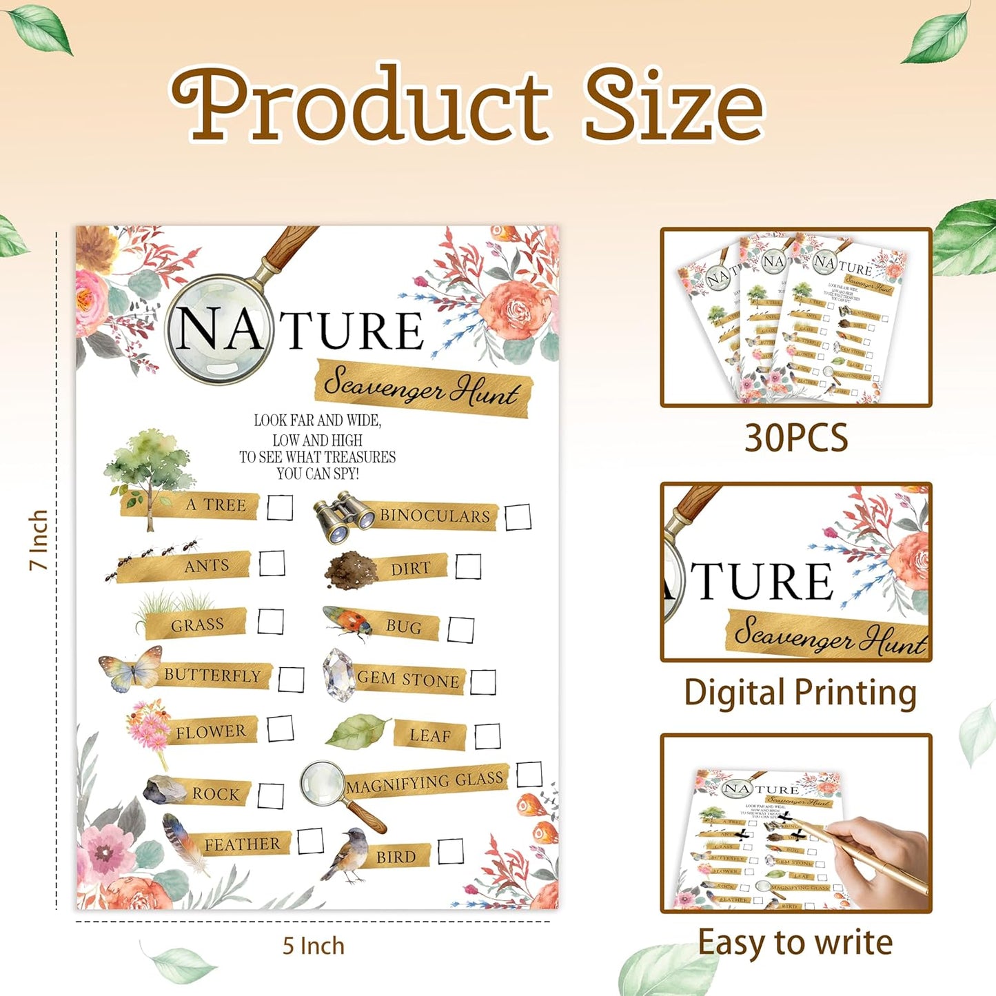 30Pcs Nature Scavenger Hunt Cards, Scavenger Hunt Cards Road Trip and Travel Activities, Spring Summer Holiday Party Supplies, Camping Games Outdoor Indoor Seek Activity-A03