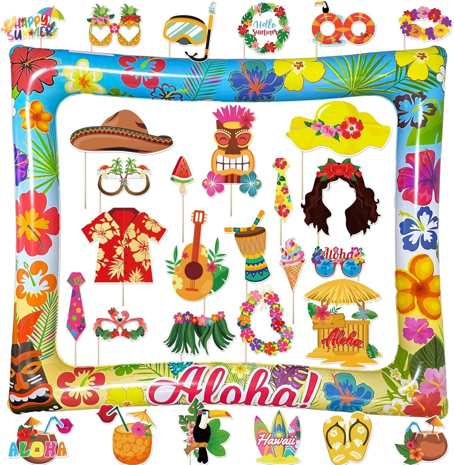 Hawaiian Photo Booth Props & Inflatable Frame, 30Pcs Luau Photobooth Props with Large Inflatable Inflatable Selfie Picture Frame for Summer Tropical Aloha Luau Party Selfie Supplies