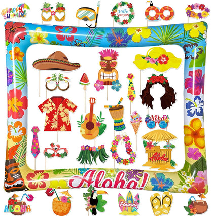 Hawaiian Photo Booth Props & Inflatable Frame, 30Pcs Luau Photobooth Props with Large Inflatable Inflatable Selfie Picture Frame for Summer Tropical Aloha Luau Party Selfie Supplies