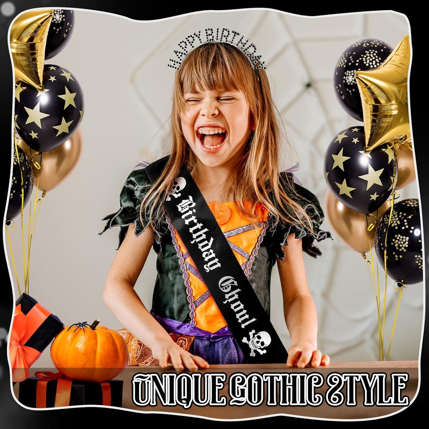 Zeyune 2 Pcs Goth Birthday Decorations Black Gothic Birthday Ghoul Sash with Headband for Girl Women Gothic Spooky Gifts Emo Horror Vampire Party Decorations(Silver,Skull)
