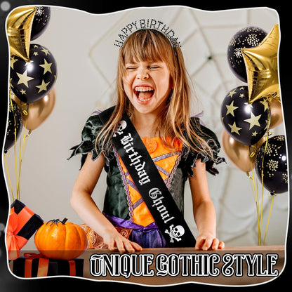 Zeyune 2 Pcs Goth Birthday Decorations Black Gothic Birthday Ghoul Sash with Headband for Girl Women Gothic Spooky Gifts Emo Horror Vampire Party Decorations(Silver,Skull)