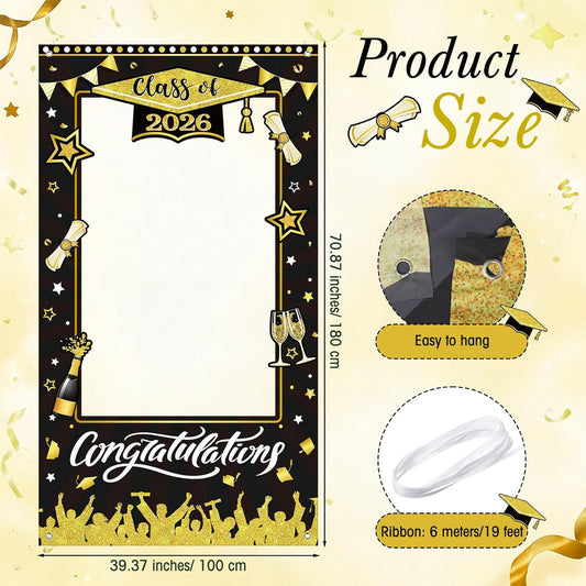 WovWeave Class of 2026 Graduation Photo Booth Props Frame 71x39 Inch - Black and Gold Graduation Decorations Backdrop Large Congratulations Banner for High School College Party Selfie Background