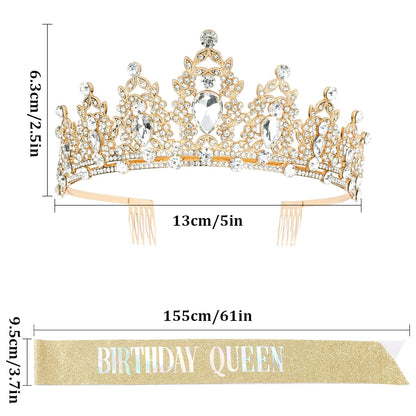 CAVETEE Red Black Birthday Crown and Sash for Women Sash & Rhinestone Tiara Set Red and Black Party Decorations Birthday Queen Crowns Tiaras for Women