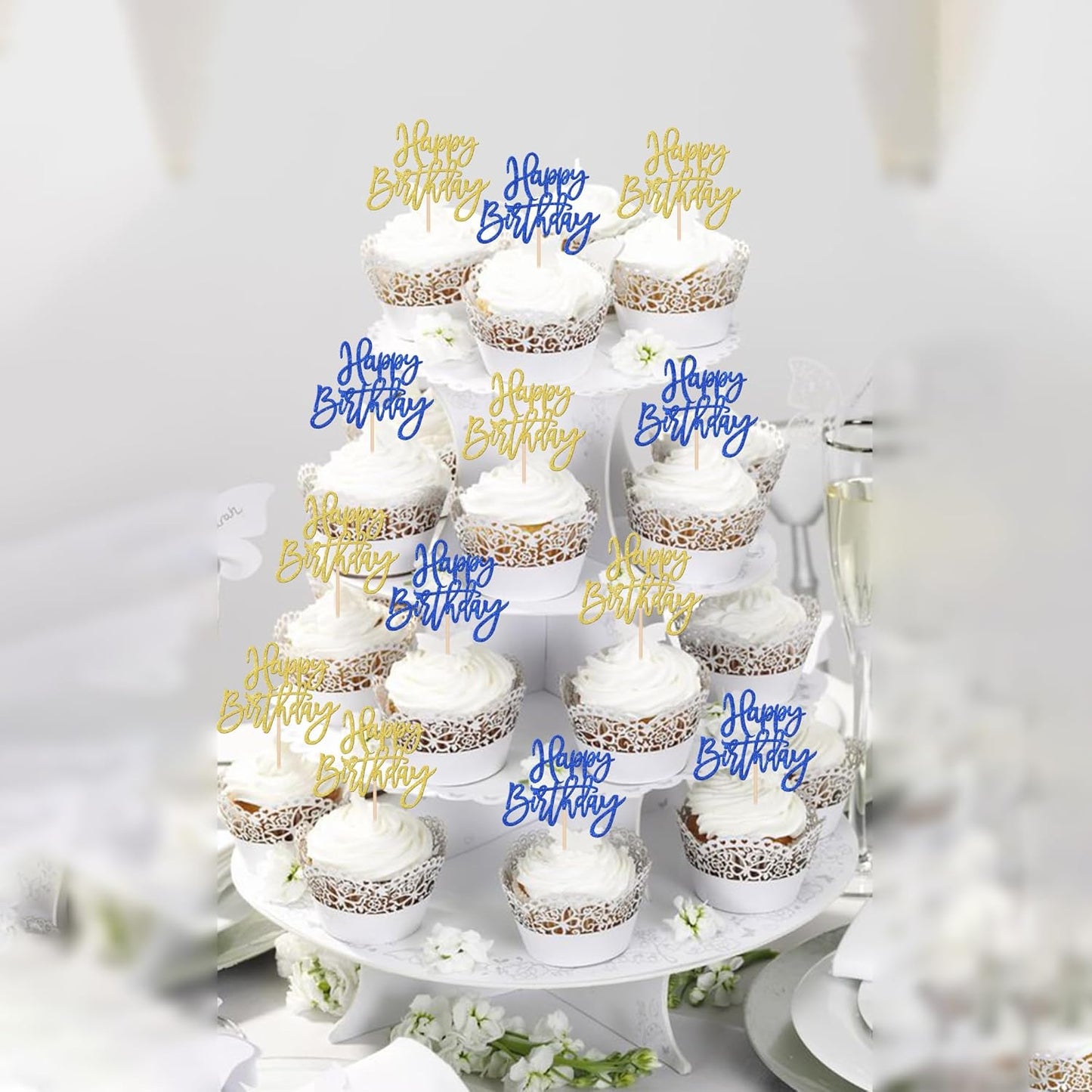 24 PCS Happy Birthday Cupcake Toppers Glitter Picks for Celebrating Anniversary Theme Party Cake Decorations Supplies Gold