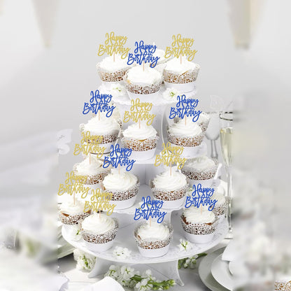 24 PCS Happy Birthday Cupcake Toppers Glitter Picks for Celebrating Anniversary Theme Party Cake Decorations Supplies Gold