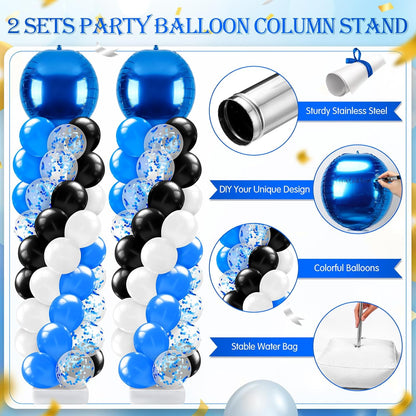 2 Sets Blue and Black White Graduation Balloon Column Stand Kit for Class of 2026, Adjustable Floor Balloon Arch Tower with Foil & Latex Balloons, DIY Decor for Grad Ceremony Backdrop