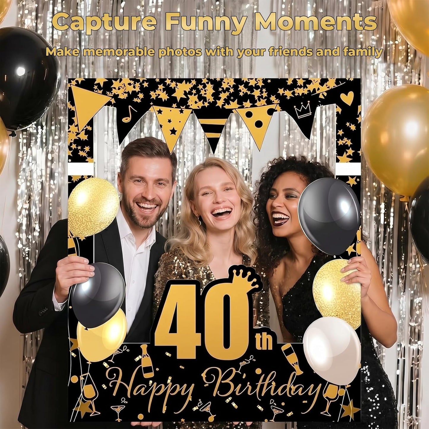 Gift for Mom Friend Wife 40 Years Celebration-40th Birthday Party Photo Frame Props, Black Gold Glitter Paper Selfie Booth Prop for Women Men, Elegant Picture Frames Backdrop Cardboard Decoration