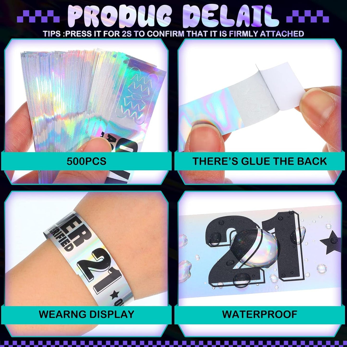 Ferraycle Over 21 Wristbands Holographic Events Wristbands Plastic Party Bracelets Waterproof Bracelets Arm Bands for Events Concerts