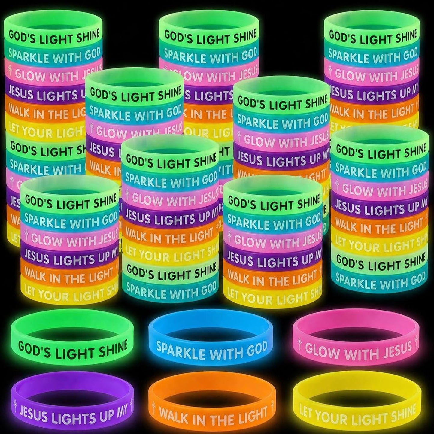 Tondiamo Vbs 2026 Rubber Wristbands Glow in the Dark Illumination Themed Bracelets Jesus Lights Bracelets Bulk Luminous Christian Gift for Vbs Party Church Supplies