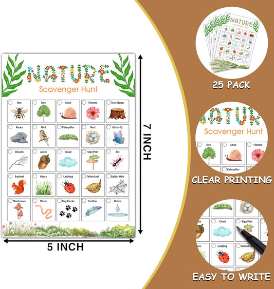 Nature Scavenger Hunt Game, Camping Treasure Hunt Party Games Cards, Birthday Activities for Adults, Holiday Hunt for Family and Friends, Spring Scavenger Hunt Party Supplies Decorations (25 Pack)-02