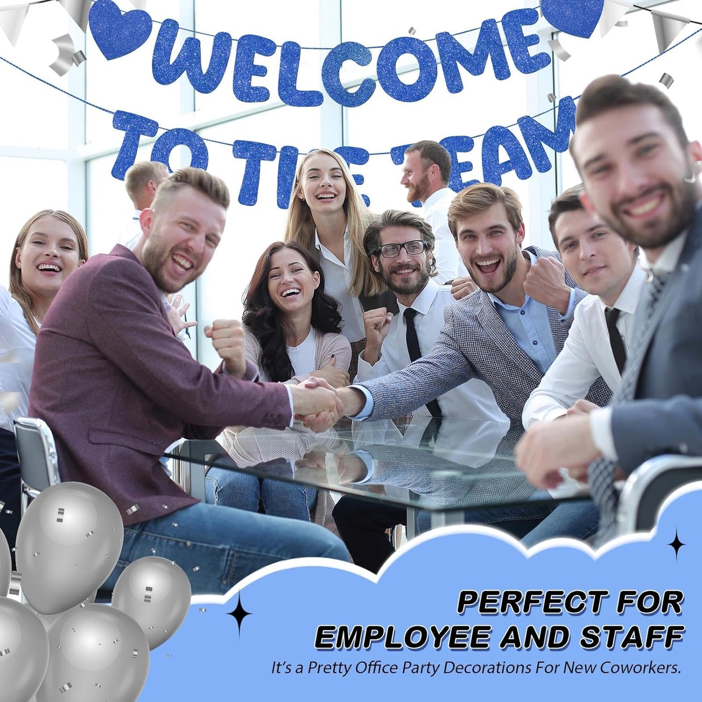 Fulmoon Pre Strung Welcome to The Team Banner with Two Heart Signs, NO DIY, Glitter Welcome Party Supplies for New Employee, Coworker, Colleague, Staff, Team Member Office Decorations(Champagne Gold)