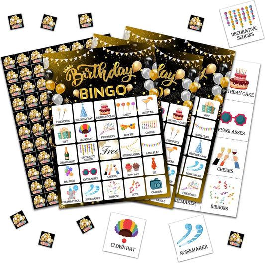 Birthday Bingo Game Cards, Balck Golden Happy Birthday Bingo Game for Adults Friends Large Group, Ideal Gifts for Special Day Activities, B-Day Party Decorations Favors -A12