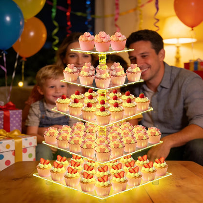 YestBuy Cupcake Stand with Yellow Led Lights, 4 Tier Cupcake Stand for 50 Cupcakes, Acrylic Cupcake Tower Stand, Clear Tiered Cupcake Holder for Birthday Cady Bar Décor Weddings, Parties Events