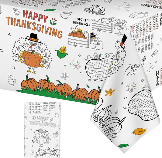 Happy Thanksgiving Coloring Tablecloth for Kids-Giant Thanksgiving Paper Activity Table Cover, Jumbo Fall Turkey Coloring Games Poster Crafts for Thanksgivings Table Decor Party Favors,54 x 108 Inch