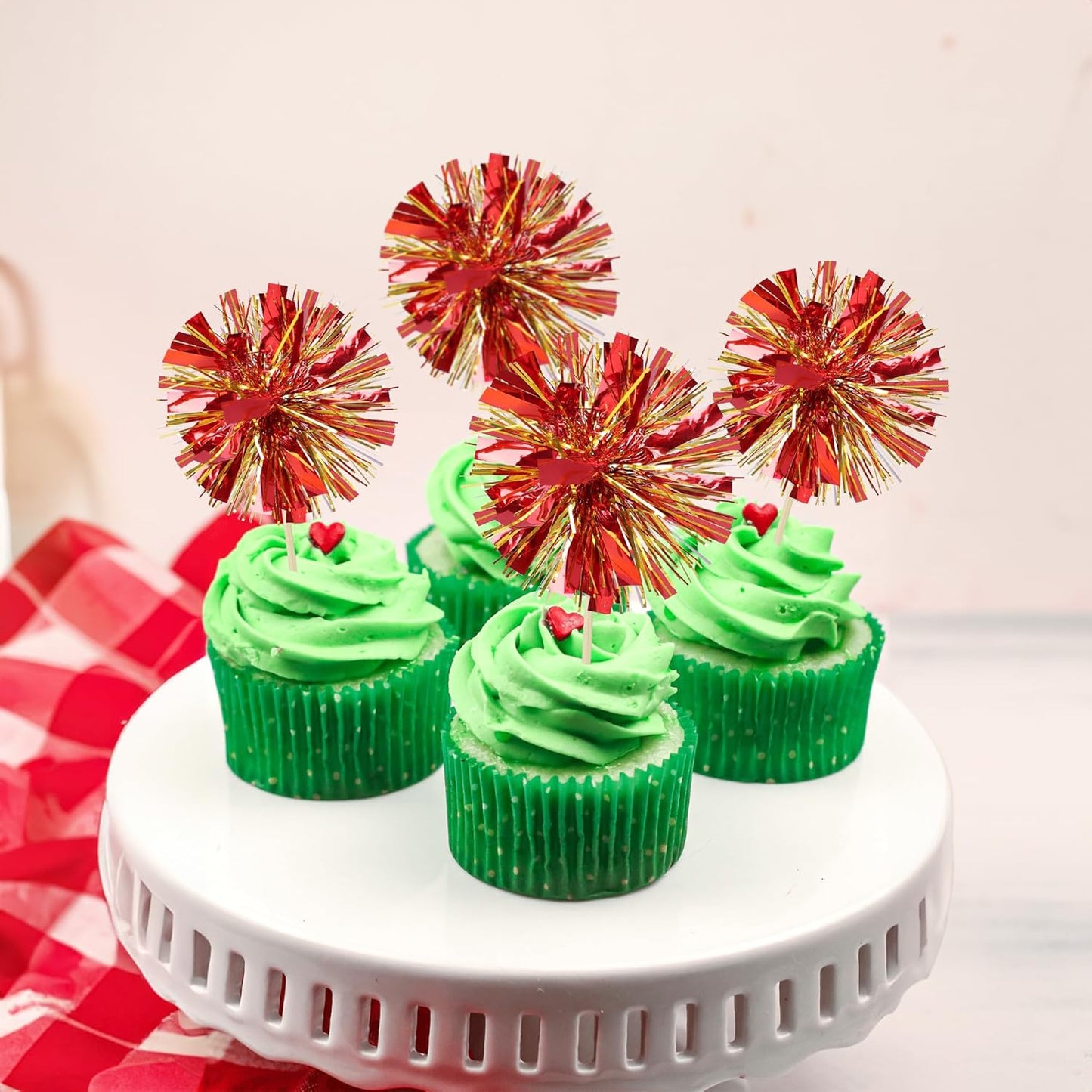 Ephlyn 30Pcs Foil Firework Cupcake Toppers Sparkle Tinsel Cupcake Picks Drink Stirrers Cocktail Food Fruit Toothpicks for Baby Shower Graduation Party Supplies White