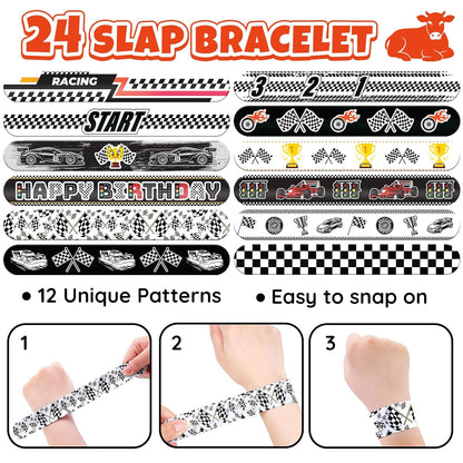96 PCS Checkered Flags Party Favors Set – 72 Pre-Cut Temporary Tattoos & 24 Slap Bracelets for Kids, Perfect for Racing Birthday Parties, Car-Themed Celebrations & Classroom Rewards