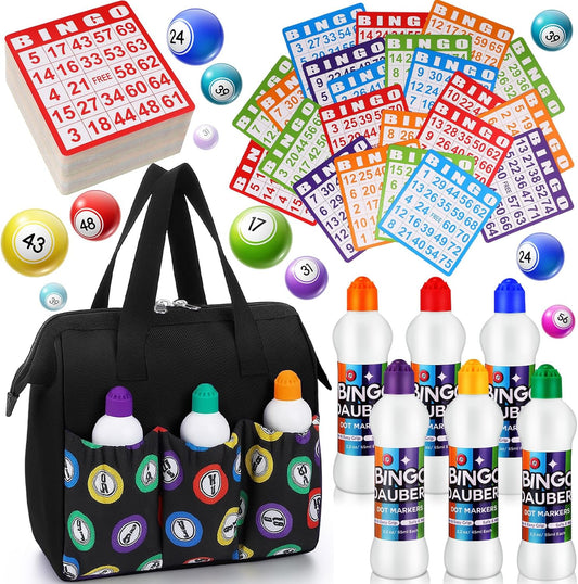 Crtiin 107 Pack Bingo Bag Bingo Game Cards and Dot Daubers Set Mixed Colors Dot Markers Handle and Zipper Tote Bag with Calling Card Suitable for Parties, Family Gathering Activity, Game Night