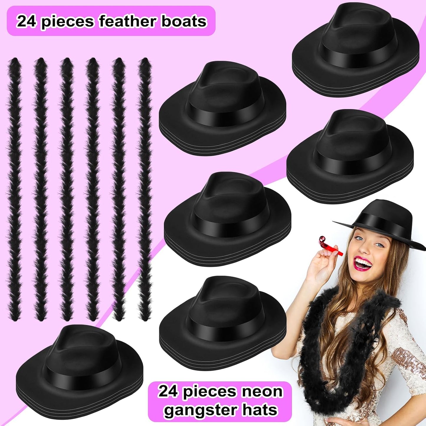 JaGely 48 Pieces Neon Party Supplies 24 Neon Gangster Hats 24 Pcs Feather Boas for Wedding Glow Party Supplies Birthday Props