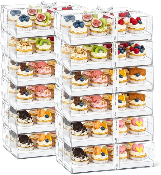 Cedilis 12 Pack Clear Cupcake Boxes, 12 Count Cupcake Containers with Gift Ribbon, Plastic Cupcake Carrier Holder for Cookies, Muffins, Bakeries
