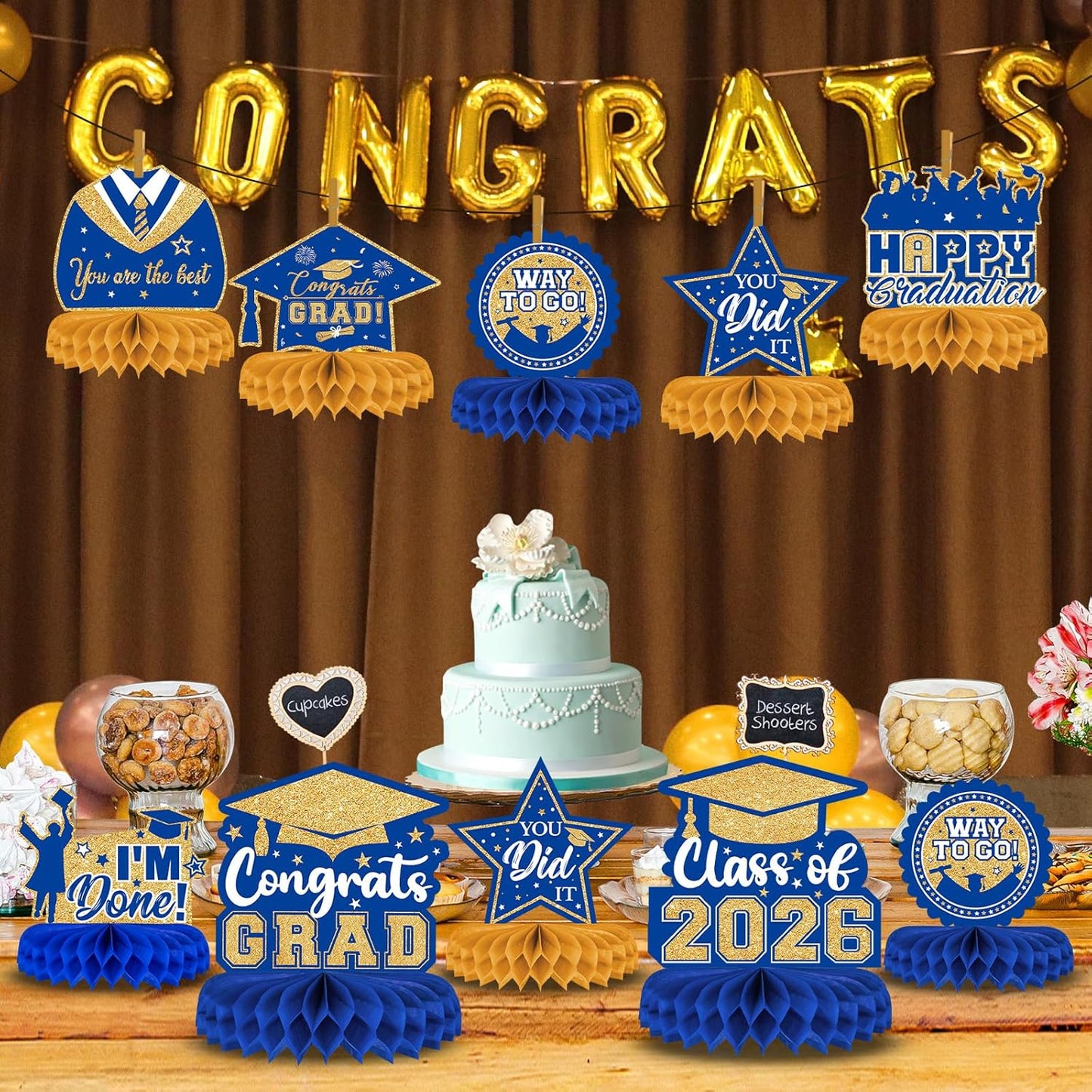 8 Pieces Class of 2026 Graduation Table Decorations - 2026 Congrats Grad Honeycomb Centerpieces, Red Black Graduation Table Toppers Decor for 2026 Graduation Party Decorations Favor Supplies
