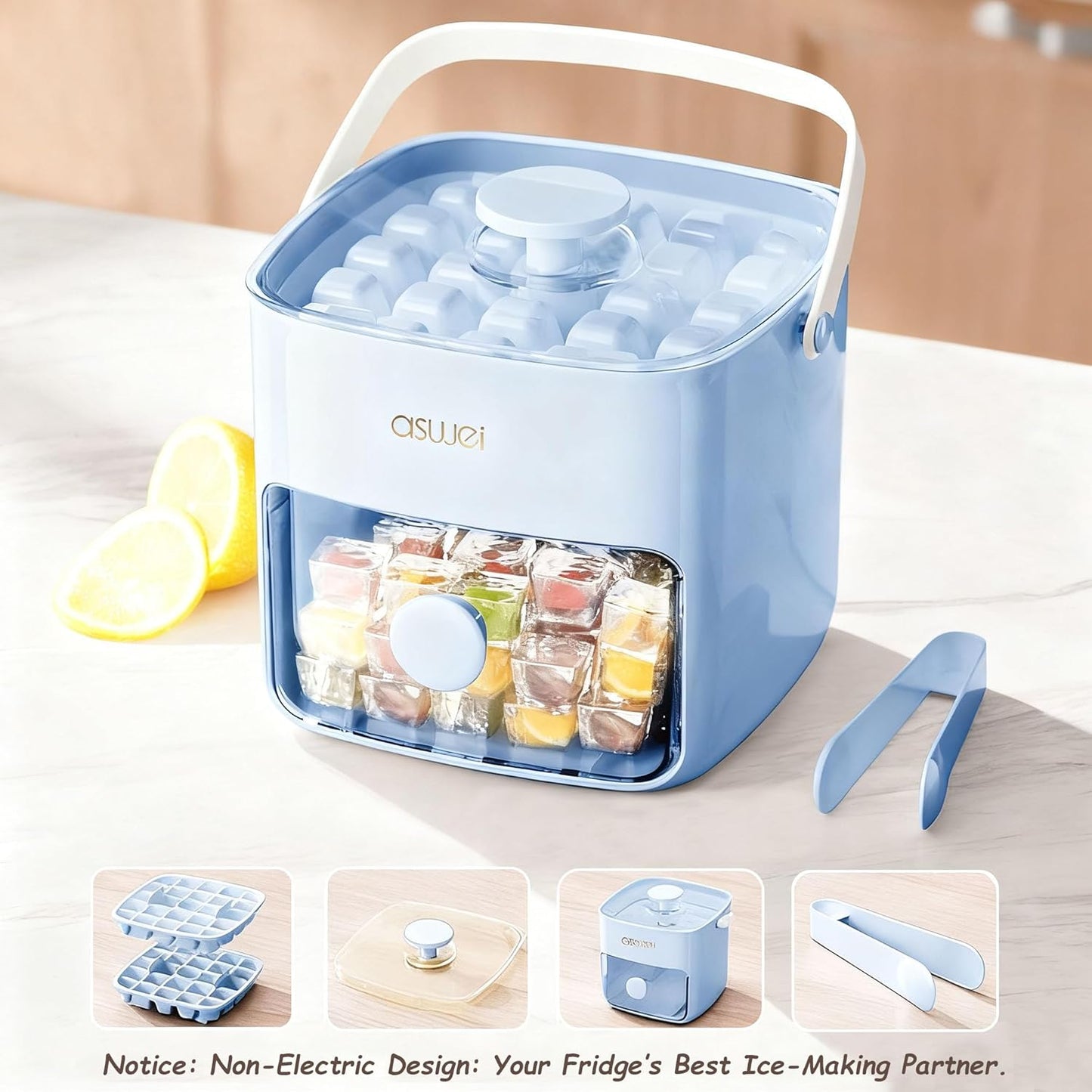 Compact Ice Cube Tray with Lid and Bin, Mini Press-Type Ice Cube Maker for Freezer, Space-Saving Small Ice Bucket with Tongs for RV, Office, Mini Ice Cube Trays & Water Bottles, BPA-Free (Green)