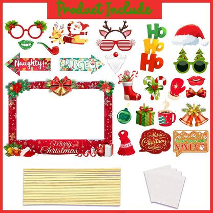 Christmas Photo Booth Props Kit, 24Pcs Fun Photo Props & Selfie Frame for Christmas Photos Decoration, Funny Santa & Gingerbread Photo Props for Xmas Holiday Party Decoration