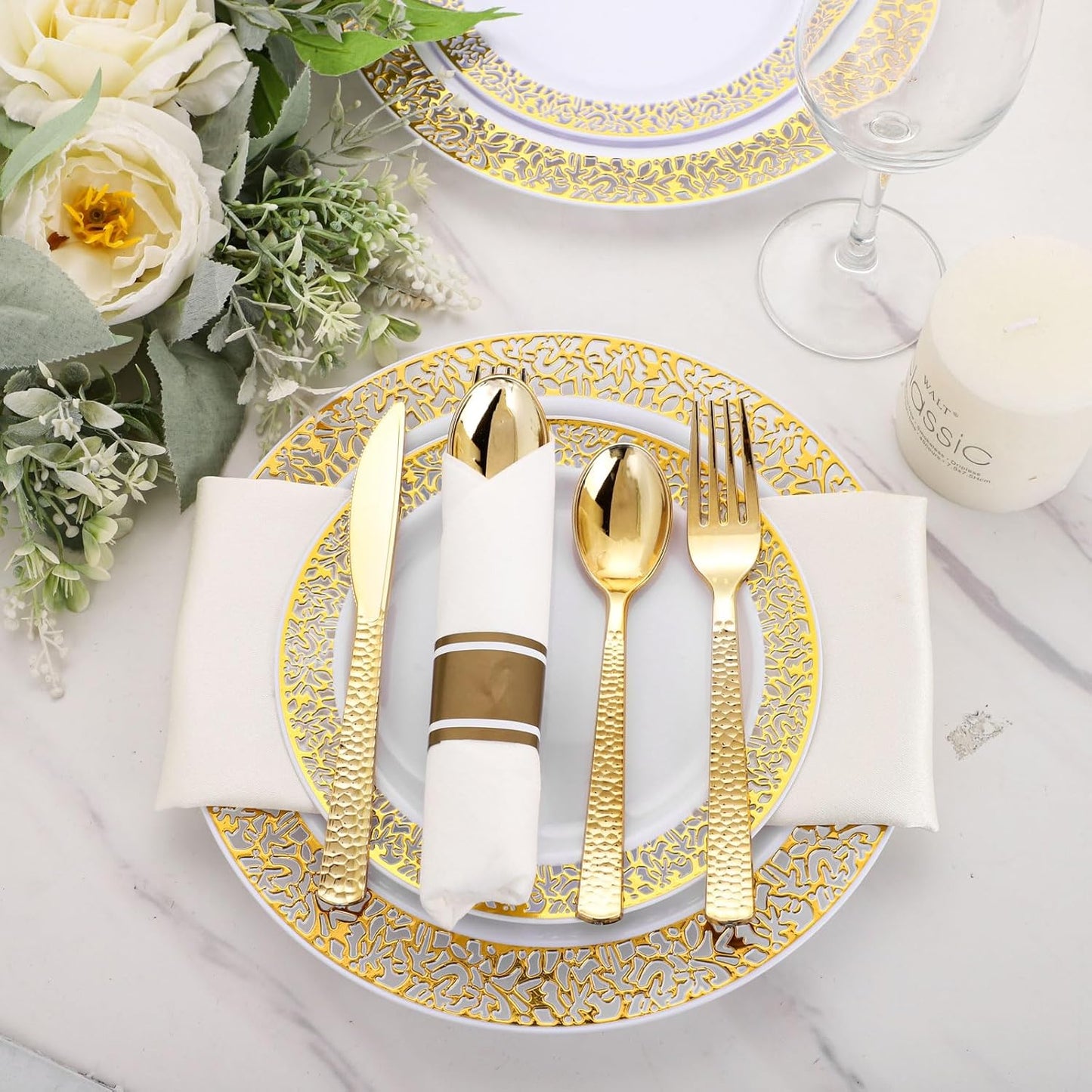 Supernal 180Pcs Silver Plastic Silverware Set, Elegant Hammered Design Heavy Duty Disposable Cutlery, Includes 60 Forks, 60 Knives, 60 Spoons,Silver Plastic Utensils for Wedding, Parties,Events