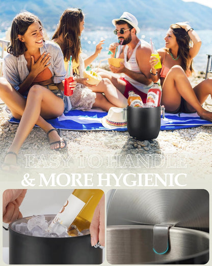 Insulated Ice Bucket, 3L Double Wall Stainless Steel Ice Bucket with Tongs,Lid, Scoop and Strainer, Ice Buckets for Parties,Cocktail Bars, Chilling Beer, Champagne, Wine Bottles,Wood