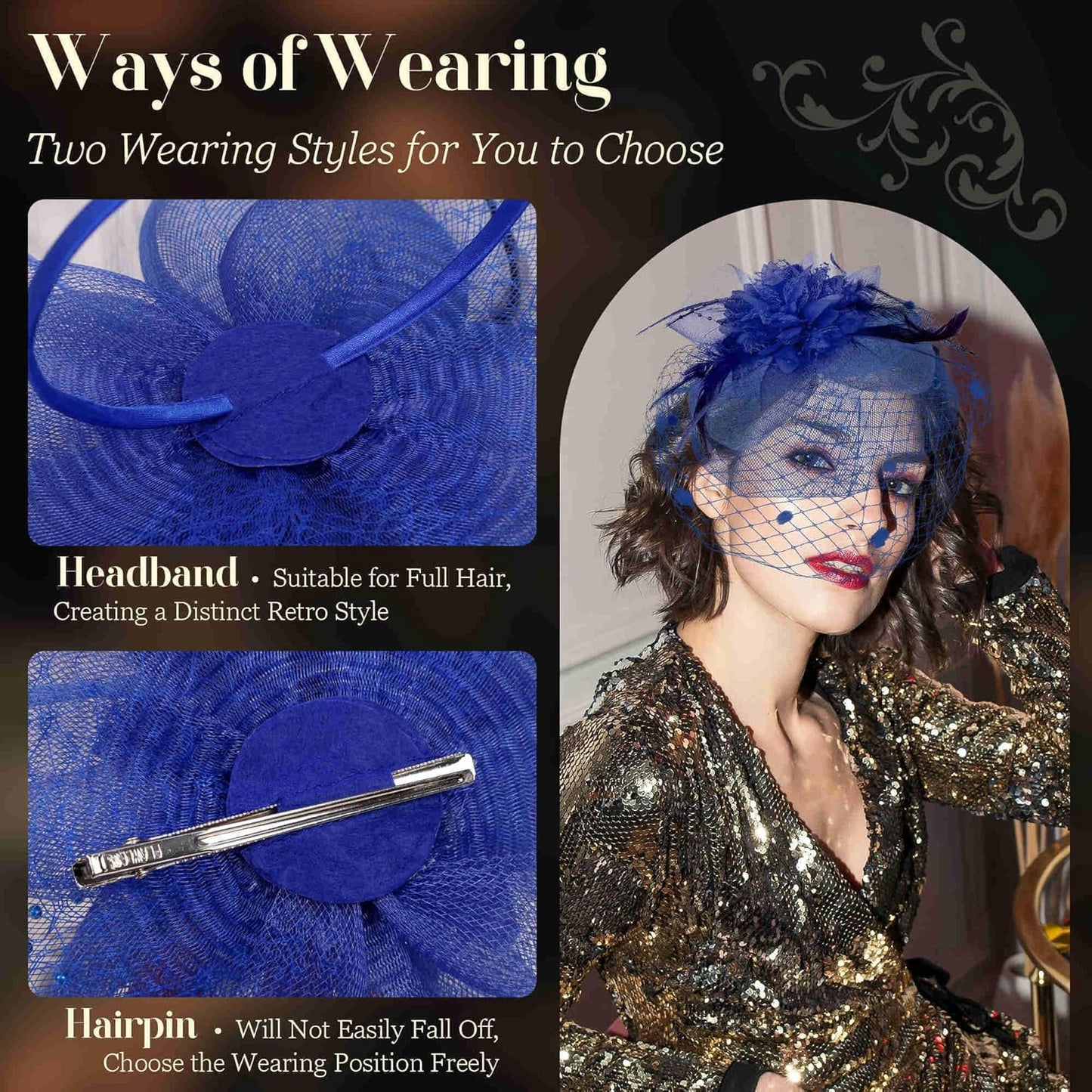 Fascinators Hats for Women Tea Party Hat Feather Mesh Headband Vintage Lace Cocktail Headwear Veil Hair Clip Church