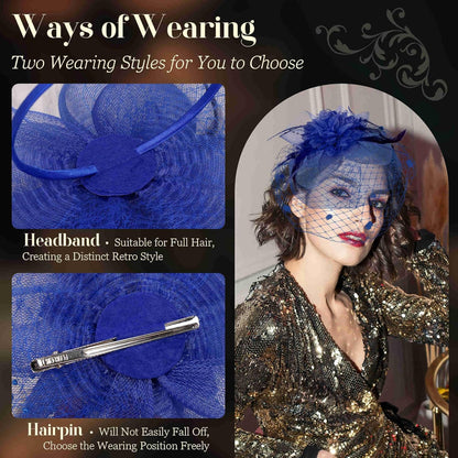 Fascinators Hats for Women Tea Party Hat Feather Mesh Headband Vintage Lace Cocktail Headwear Veil Hair Clip Church