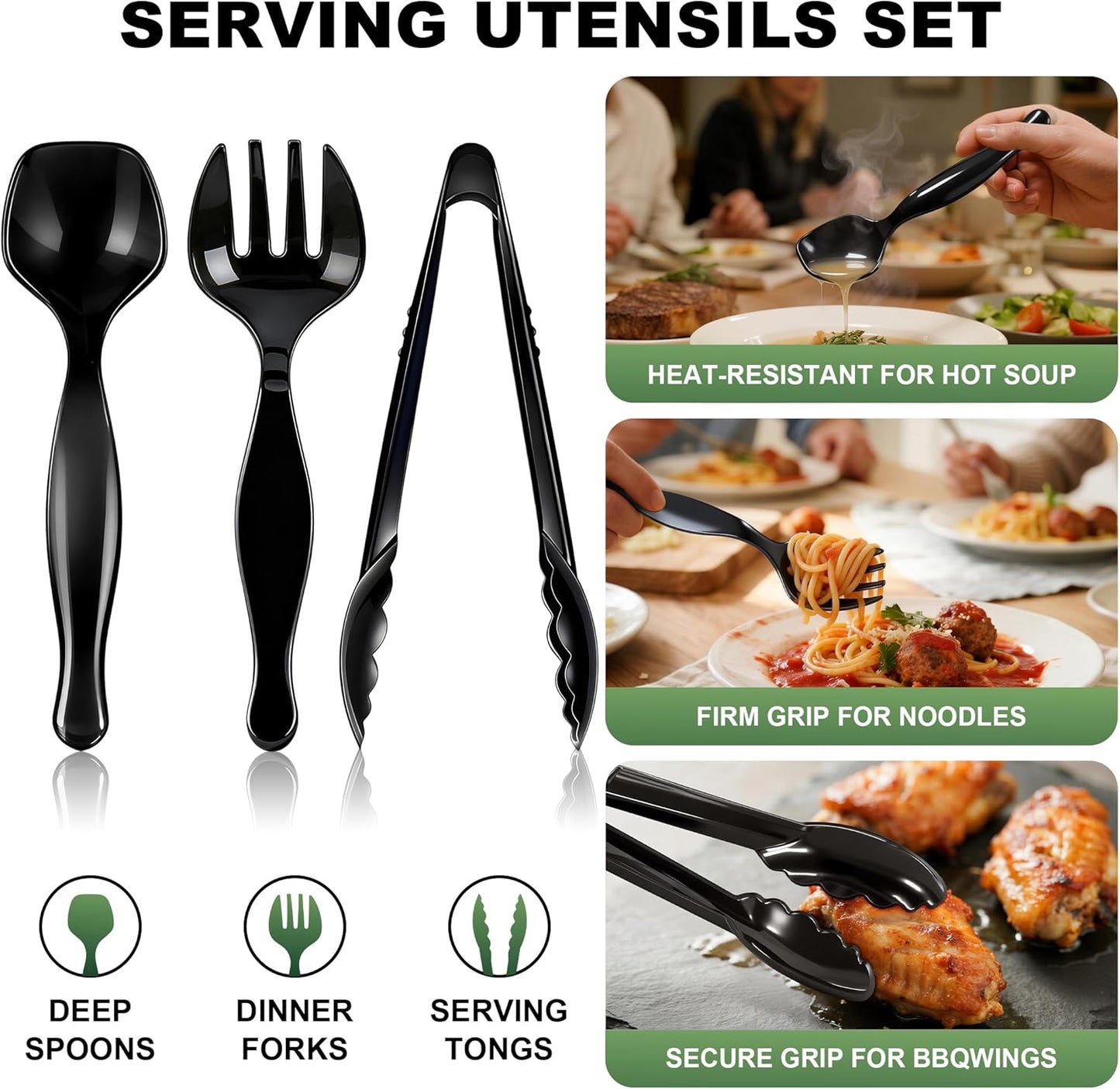 36Pcs Disposable Plastic Serving Utensils Set, 12 Black Spoons, 12 Forks, 12 Tongs, 9-Inch for Party Buffet Catering Events, Heavy Duty and Ergonomic Design
