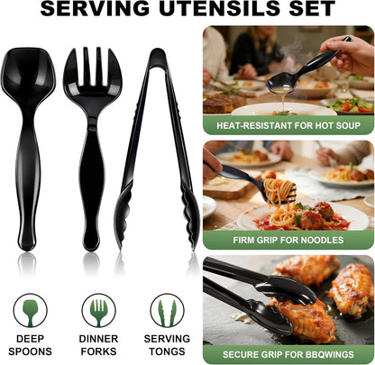 36Pcs Disposable Plastic Serving Utensils Set, 12 Black Spoons, 12 Forks, 12 Tongs, 9-Inch for Party Buffet Catering Events, Heavy Duty and Ergonomic Design