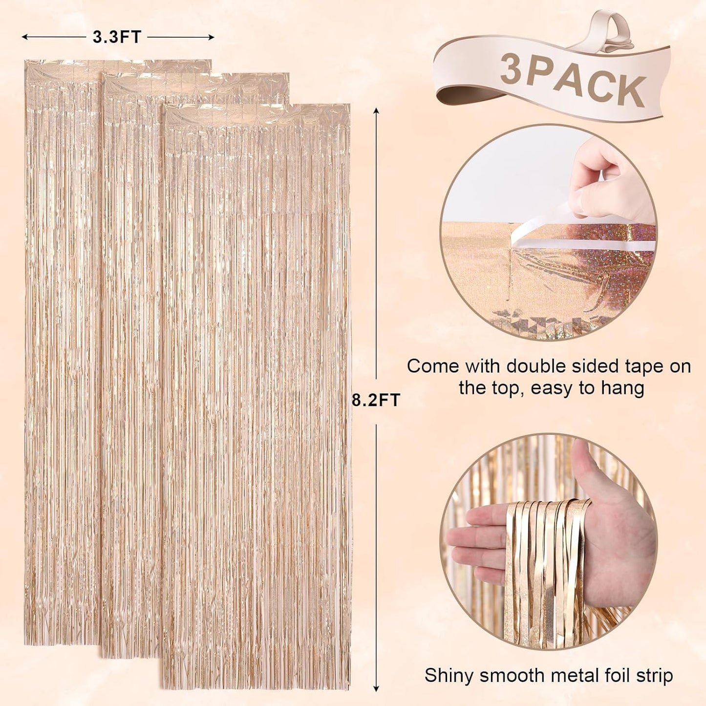 Voircoloria 3 Pack 3.3x8.2 Feet Gold Foil Fringe Backdrop Curtains, Tinsel Streamers, Fringe Backdrop for 2025 New Years Eve, Graduation, Birthday, Baby Shower, Gender Reveal, Disco Party - Colors A