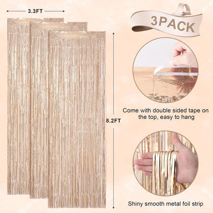 Voircoloria 3 Pack 3.3x8.2 Feet Gold Foil Fringe Backdrop Curtains, Tinsel Streamers, Fringe Backdrop for 2025 New Years Eve, Graduation, Birthday, Baby Shower, Gender Reveal, Disco Party - Colors A