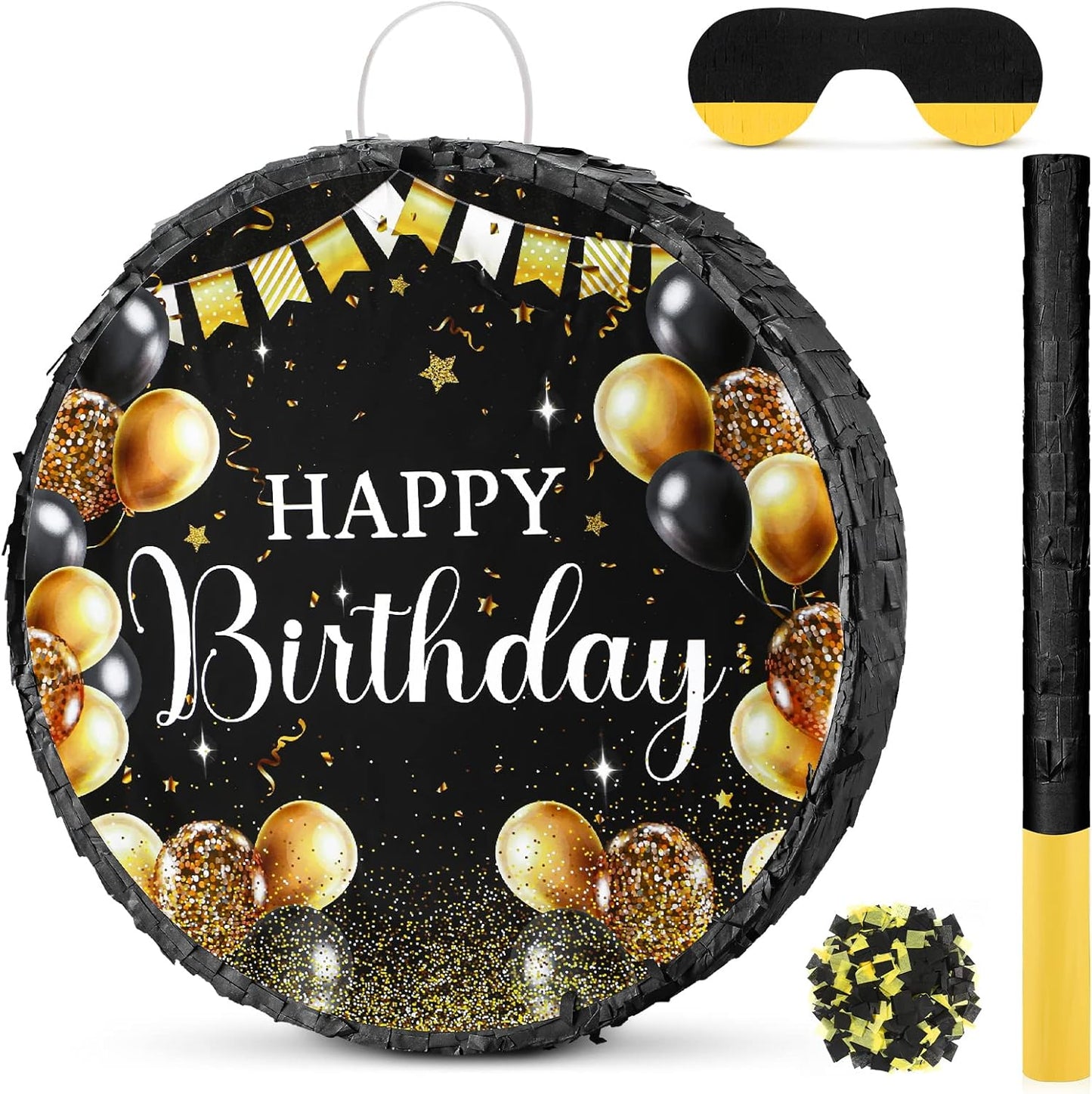 Sinmoe Birthday Piñata with Stick Blindfold and Confetti Large Piñata for Adult Men Women Birthday Party Supplies Decoration Wedding Anniversary(Black and Gold)
